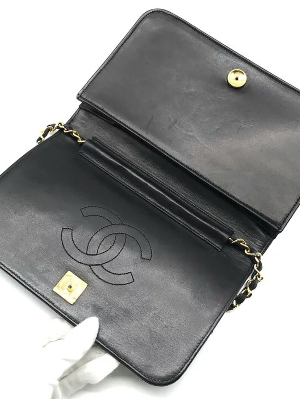 Authentic CHANEL 24k gold plated black lambskin classic flap shoulder bag - Picture 9 of 12